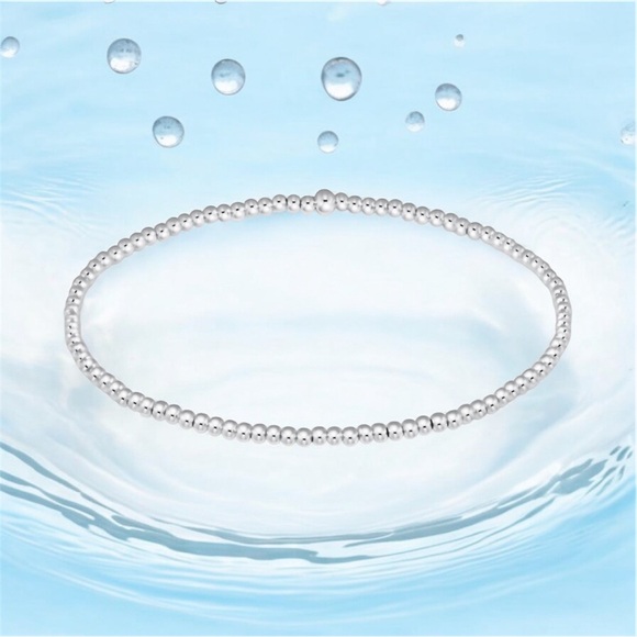 Set Stack of 3 Silver Bead Bracelet Real Sterling .925 beads stretch, waterproof - Picture 4 of 8